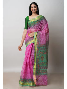 Unnati Silks - Pink Pure Dyed Printed Kota Cotton Saree with Unstitched Blouse
