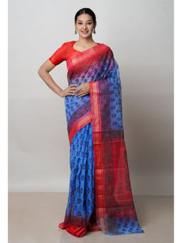 Unnati Silks - Dark Blue Pure Dyed Printed Kota Cotton Saree with Unstitched Blouse