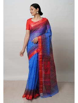 Unnati Silks - Dark Blue Pure Dyed Printed Kota Cotton Saree with Unstitched Blouse