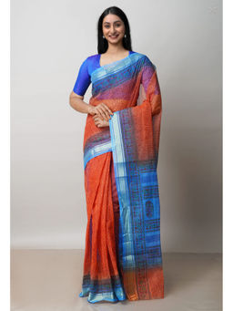 Unnati Silks - Orange Pure Dyed Printed Kota Cotton Saree with Unstitched Blouse