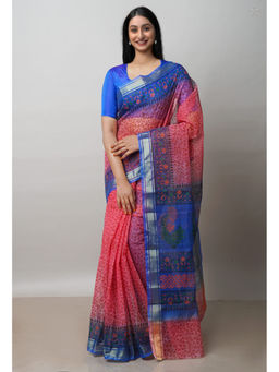 Unnati Silks - Blue Pure Dyed Printed Kota Cotton Saree with Unstitched Blouse