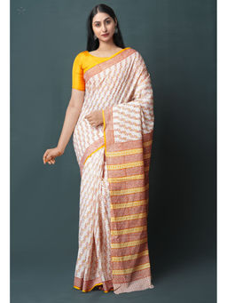 Unnati Silks - Orange Pure Block Printed Superfine Mulmul Cotton Saree with Unstitched Blouse