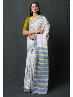 Unnati Silks - Blue Pure Block Printed Superfine Mulmul Cotton Saree with Unstitched Blouse