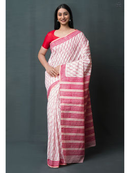 Unnati Silks - Pink Pure Block Printed Superfine Mulmul Cotton Saree with Unstitched Blouse