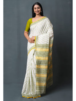 Unnati Silks - Green Pure Block Printed Superfine Mulmul Cotton Saree with Unstitched Blouse