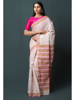 Unnati Silks - Pink Pure Block Printed Superfine Mulmul Cotton Saree with Unstitched Blouse