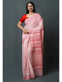 Unnati Silks - Red Pure Block Printed Superfine Mulmul Cotton Saree with Unstitched Blouse