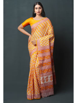 Unnati Silks - Yellow Pure Block Printed Superfine Mulmul Cotton Saree with Unstitched Blouse
