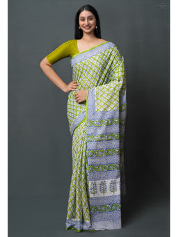 Unnati Silks - Green Pure Block Printed Superfine Mulmul Cotton Saree with Unstitched Blouse