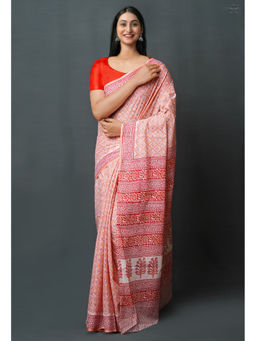 Unnati Silks - Peach Pink Pure Block Printed Superfine Mulmul Cotton Saree with Unstitched Blouse