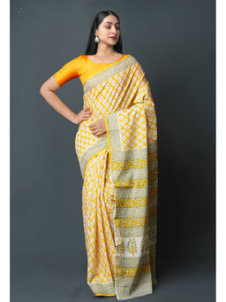 Unnati Silks - Yellow Pure Block Printed Superfine Mulmul Cotton Saree with Unstitched Blouse