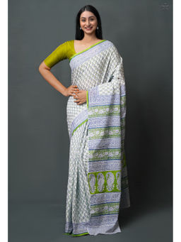 Unnati Silks - Blue Pure Block Printed Superfine Mulmul Cotton Saree with Unstitched Blouse