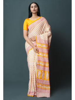Unnati Silks - Orange Pure Block Printed Superfine Mulmul Cotton Saree with Unstitched Blouse