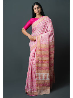 Unnati Silks - Pink Pure Block Printed Superfine Mulmul Cotton Saree with Unstitched Blouse