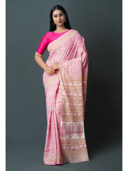 Unnati Silks - Pink Pure Block Printed Superfine Mulmul Cotton Saree with Unstitched Blouse