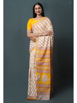 Unnati Silks - Yellow Pure Block Printed Superfine Mulmul Cotton Saree with Unstitched Blouse