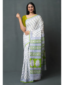 Unnati Silks - Green Pure Block Printed Superfine Mulmul Cotton Saree with Unstitched Blouse