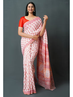Unnati Silks - Red Pure Block Printed Superfine Mulmul Cotton Saree with Unstitched Blouse