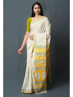 Unnati Silks - White Pure Block Printed Superfine Mulmul Cotton Saree with Unstitched Blouse