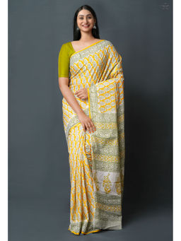 Unnati Silks - Yellow Pure Block Printed Superfine Mulmul Cotton Saree with Unstitched Blouse