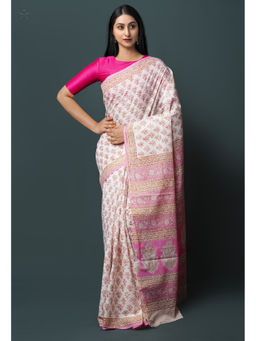 Unnati Silks - White Pure Block Printed Superfine Mulmul Cotton Saree with Unstitched Blouse