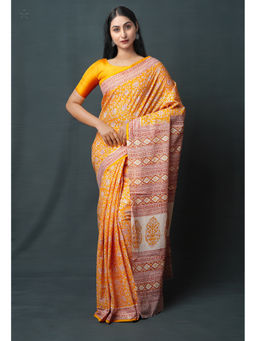 Unnati Silks - Yellow Pure Block Printed Superfine Mulmul Cotton Saree with Unstitched Blouse
