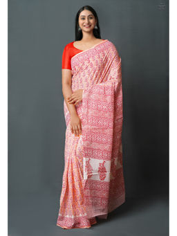 Unnati Silks - Peach Pink Pure Block Printed Superfine Mulmul Cotton Saree with Unstitched Blouse