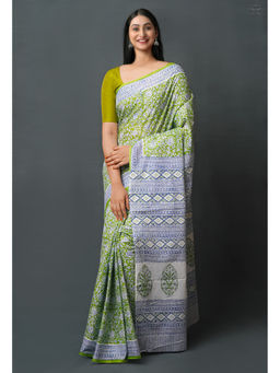 Unnati Silks - Green Pure Block Printed Superfine Mulmul Cotton Saree with Unstitched Blouse
