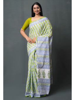 Unnati Silks - Green Pure Block Printed Superfine Mulmul Cotton Saree with Unstitched Blouse