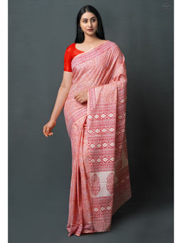 Unnati Silks - Peach Pink Pure Block Printed Superfine Mulmul Cotton Saree with Unstitched Blouse