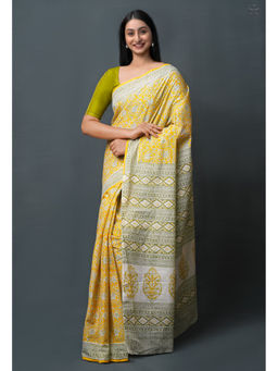 Unnati Silks - Yellow Pure Block Printed Superfine Mulmul Cotton Saree with Unstitched Blouse