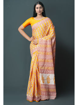 Unnati Silks - Yellow Pure Block Printed Superfine Mulmul Cotton Saree with Unstitched Blouse