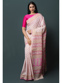 Unnati Silks - Pink Pure Block Printed Superfine Mulmul Cotton Saree with Unstitched Blouse
