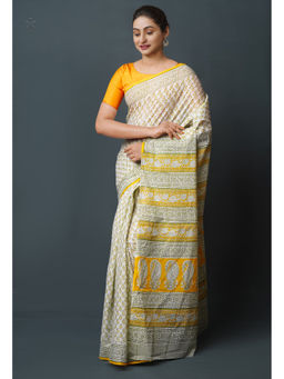 Unnati Silks - Yellow Pure Block Printed Superfine Mulmul Cotton Saree with Unstitched Blouse
