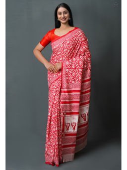Unnati Silks - Red Pure Block Printed Superfine Mulmul Cotton Saree with Unstitched Blouse