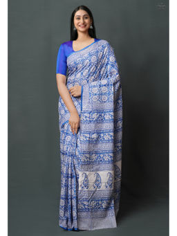 Unnati Silks - Blue Pure Block Printed Superfine Mulmul Cotton Saree with Unstitched Blouse