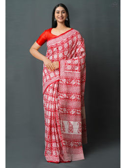 Unnati Silks - Red Pure Block Printed Superfine Mulmul Cotton Saree with Unstitched Blouse