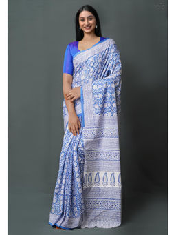 Unnati Silks - Blue Pure Block Printed Superfine Mulmul Cotton Saree with Unstitched Blouse