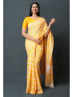 Unnati Silks - Yellow Pure Block Printed Superfine Mulmul Cotton Saree with Unstitched Blouse