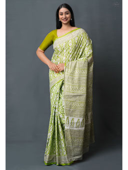 Unnati Silks - Green Pure Block Printed Superfine Mulmul Cotton Saree with Unstitched Blouse