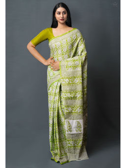 Unnati Silks - Green Pure Block Printed Superfine Mulmul Cotton Saree with Unstitched Blouse