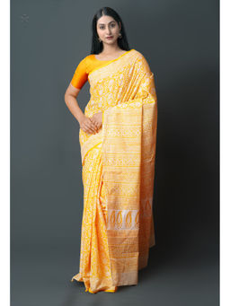 Unnati Silks - Yellow Pure Block Printed Superfine Mulmul Cotton Saree with Unstitched Blouse