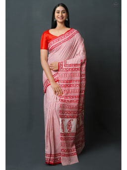 Unnati Silks - Red Pure Block Printed Superfine Mulmul Cotton Saree with Unstitched Blouse