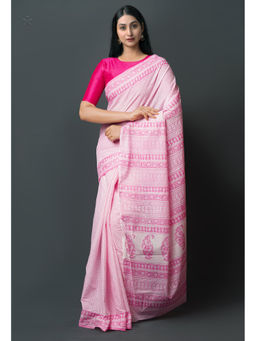 Unnati Silks - Pink Pure Block Printed Superfine Mulmul Cotton Saree with Unstitched Blouse