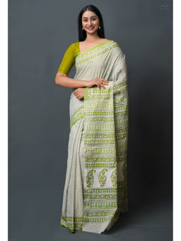 Unnati Silks - Green Pure Block Printed Superfine Mulmul Cotton Saree with Unstitched Blouse