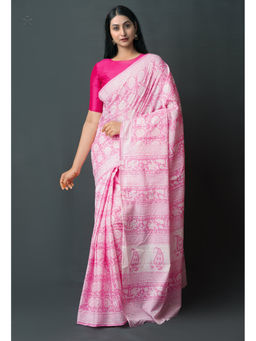 Unnati Silks - Pink Pure Block Printed Superfine Mulmul Cotton Saree with Unstitched Blouse