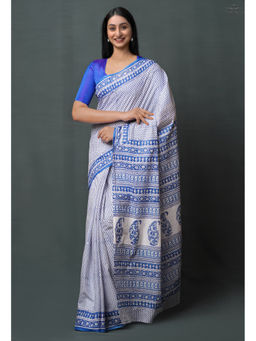 Unnati Silks - Blue Pure Block Printed Superfine Mulmul Cotton Saree with Unstitched Blouse