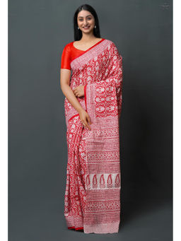 Unnati Silks - Red Pure Block Printed Superfine Mulmul Cotton Saree with Unstitched Blouse