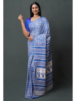 Unnati Silks - Blue Pure Block Printed Superfine Mulmul Cotton Saree with Unstitched Blouse