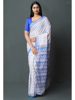 Unnati Silks - Blue Pure Block Printed Superfine Mulmul Cotton Saree with Unstitched Blouse